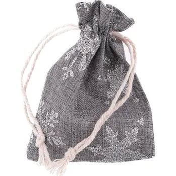 Vánoční dekorace Pytlík lněný stahovací 13x18cm, šedý s vločkami