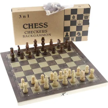 Šachy Šachy 34x34cm dřevěné v boxu, dáma, vrhcáby 3v1