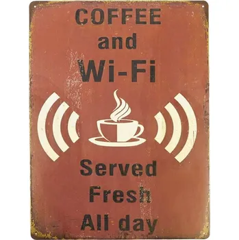 Plechová cedule Plechová retro tabula Coffee and WiFi 30x40cm (30x20 cm, kovová tabulka Wi-Fi Free)