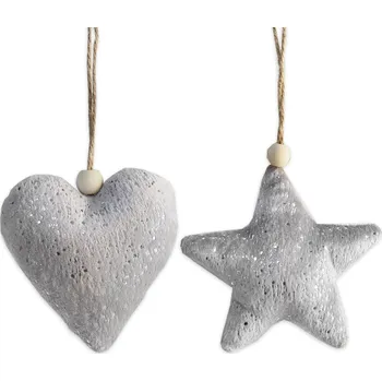 Vánoční dekorace Srdce/hvězda závěs textil 8cm šedá (549232)