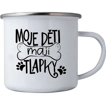 Plechový smaltový hrnek 350 ml s potiskem - Moje děti mají tlapky