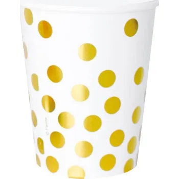 Papírové kelímky se zlatými tečkami, bílá, 270ml, 6ks