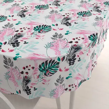 ubrus Bavlněný oválný ubrus Sandra SA-413 Růžové a zelené tropické listy na bílém 50x100 cm