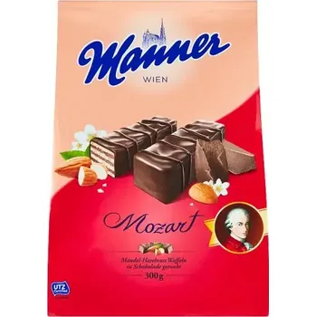 Oplatky MANNER 300 g MOZART - mandlové v hořké polevě (Oplatky neapolitánky / oříškové oplatky v sáčku)