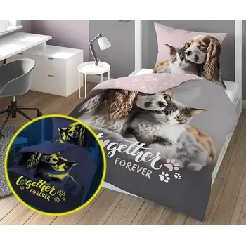 Povlečení Kočka Bavlněné povlečení 3D Kočka s pejskem - Together forever 140 x 200, 70 x 80 cm zipový uzávěr