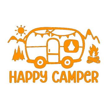 Samolepící dekorace Happy camper 002 pravá kempování s karavanem (06 - oranžová) SAMOLEPKA NA AUTO, NÁLEPKA, FÓLIE, POLEP, TUNING, VLASTNÍ TEXT, TISK, AUTOSAMOLEPKY.cz, POLEPY, OBRÁZEK, LOGO, 3D STICKERS