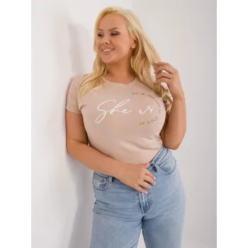 Dámské tričko s kamínkovou aplikací s nápisem plus size béžové