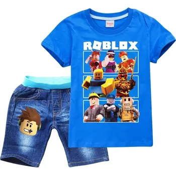 Letní set ROBLOX tričko krátký rukáv + džínové kraťasy (mix barev) Barva: modrá, Velikost: 130
