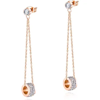 Náušnice Visací náušnice z oceli - váleček s kubickými zirkony, tenké řetízky