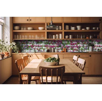 Fototapeta DIMEX | Fototapeta do kuchyně Květiny v truhlících KI-420-176 | 420 x 60 cm | fialová, růžová, bílá, zelená + Samolepicí fototapeta za kuchyňskou linku DIMEX Květiny v truhlících v šíři 420 cm