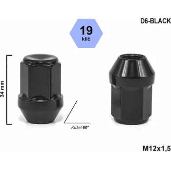 Matice na kolo Kolová matice M12x1,5 kužel zavřená, klíč 19, HD2/S BLK, D6-BLACK, černá, výška 34 mm