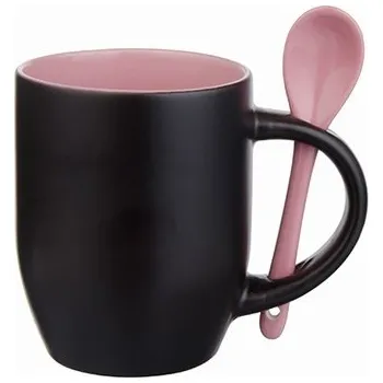 Magický hrnek 330 ml A+ černý matný s barevným vnitřkem a lžičkou - růžový sublimace termotransfer