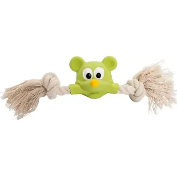 Hračka pro psa Hlava myšky MINI s bavlněnou činkou, se zvukem, 5x18 cm, zelená/přírodní, HipHop