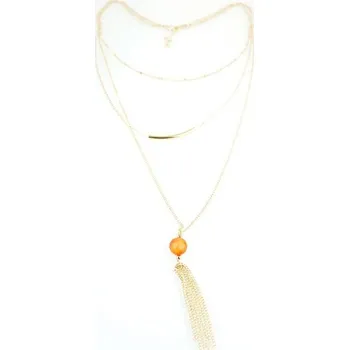 Náhrdelník Flamenco Mystique Trojitý Zlatý Náhrdelník s Oranžovou Perlou a Závěsnými Řetízky, Délka 45 cm