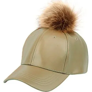 Pokrývka hlavy Flamenco Mystique Dámská kožená baseballová čepice s bambulí z umělé kožešiny, karamelová, 28x14 cm, obvod 56-60 cm
