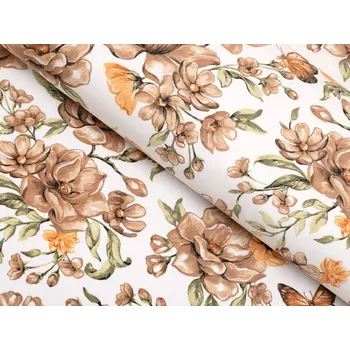 Bavlněná látka/plátno Sandra SA-458 Hnědé květy magnolie s motýlky na bílém - šířka 160 cm