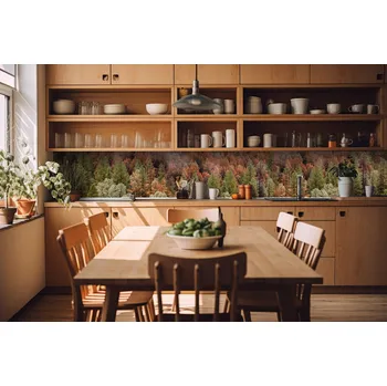 Fototapeta DIMEX | Fototapeta do kuchyně Barevný borový háj KI-420-198 | 420 x 60 cm | hnědá, zelená + Samolepicí fototapeta za kuchyňskou linku DIMEX Barevný borový háj v šíři 420 cm