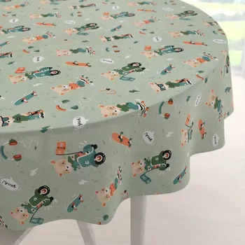 ubrus Dětský bavlněný kulatý ubrus Sandra SA-468 Méďové na motorkách na zeleném Ø 40 cm