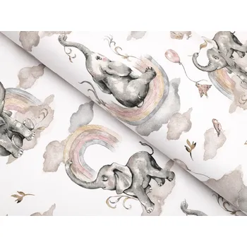 Dětská bavlněná látka/plátno Sandra SA-462 Sloni s šedohnědou duhou na bílém - šířka 160 cm