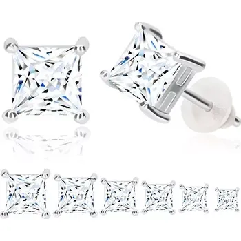 Náušnice Stříbrné náušnice 925 - hranatý čirý zirkon, čtvercový kotlík, puzetka - Velikost zirkonu: 3 mm