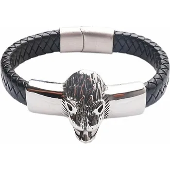 Náramek Náramek pánský kožený černý s hlavou vlka z nerez oceli obvod cca 21 cm