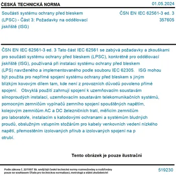 ČSN EN IEC 62561-3 ed. 3 - Součásti systému ochrany před bleskem (LPSC) - Část 3: Požadavky na oddělovací jiskřiště (ISG) - Tisk