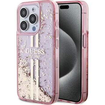 Pouzdro na mobilní telefon Guess PC/TPU Liquid Glitter Gold Stripe Zadní Kryt pro iPhone 15 Pro Pink Guess TPU Liquid Glitter Gold Stripe značkový kryt z měkkého a odolného plastu s atraktivními glittery uvnitř, které se přesý