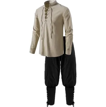 Pánský rytířský set 2v1 košile se šněrováním a kalhoty Velikost: 3XL, Barva (Varianta): khaki black