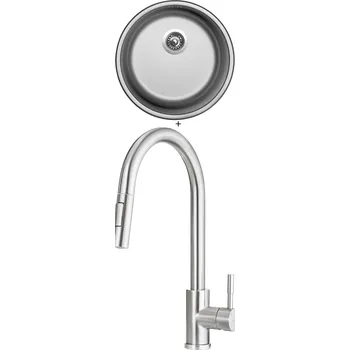 Kuchyňský dřez Nerezový dřez SET Sinks ROUND 450 V nerez matný + Deante LIMA F72 M nerez