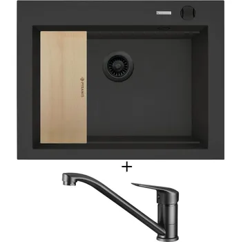 Granitový dřez SET Pyramis SIROS (67x51,5) 1B černá edice + dřevěná krájecí deska + Deante NEO BORO BMO N60M černá matná