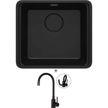Granitový dřez Dřez pod desku SET Deante MOMI ZKM N10A U černá matná + Deante NEO LUNO BOC N72M černá matná