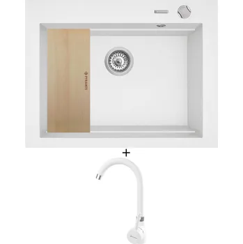 Granitový dřez Granitový dřez SET Pyramis SIROS (67x51,5) 1B bílá + dřevěná krájecí deska + Pyramis BELLO bílá