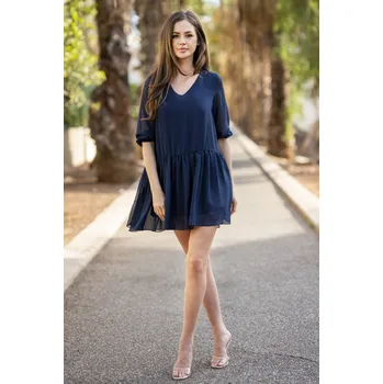 Dámské šaty Volné šifonové šaty s 3/4 rukávem A514 Barva: Tmavě Modrá, Velikost: L/XL