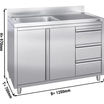 Kuchyňská skříňka G.Gastro Dřezová skříňka se 3 šuplíky - 1,2 m - 1 dřez vlevo - s obkladovým panelem & křídlovými dveřmi
