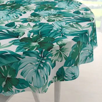 ubrus Bavlněný kulatý ubrus Sandra SA-484 Modro-zelené květy a listy monstery na bílém Ø 60 cm