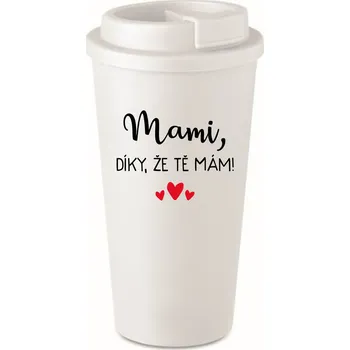 Termohrnek MAMI, DÍKY, ŽE TĚ MÁM! - bílý termohrnek 475 ml