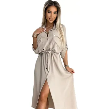 Dámské šaty Numoco košilové šaty šaty se zlatými knoflíky a zavazováním, propínací 531-1 béžová (univerzální)
