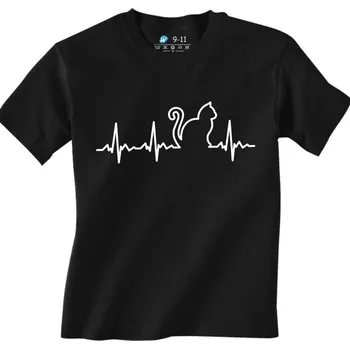 Chlapecké tričko Dětské tričko Kardiogram a kočka (Od 3 do 13 let) (Velikost: 12-13, Barva: Černá)