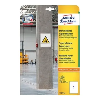Speciální papír Avery Zweckform etikety 210mm x 297mm, A4, bílé, 1 etiketa, s vysokou lepivostí, baleno po 20 ks, L7877-20, pro laserové a inkoust
