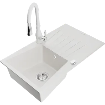 Granitový dřez Mexen Cesar žulový dřez 1-komorový s odkapávačem a kuchyňskou baterií Savita, bílý - 6514-20-672601-20 Granitové dřezy s baterií