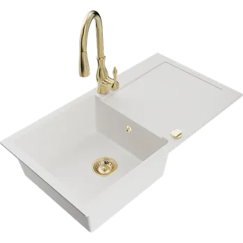 Granitový dřez Mexen Leo granitový dřez 1-komorový s odkapávačem a kuchyňskou baterií Savita, bílý - 6501-20-672601-50 Granitové dřezy s baterií