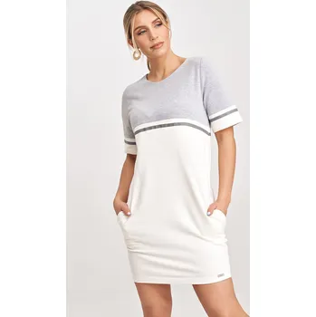 Dámské šaty Smětanově-šedé šaty s krátkým rukávem M1028 Ecru-Grey Velikost: XS