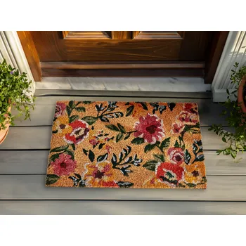 Rohožka Rohožka vícebarevná přírodní kokosové vlákno 40 x 60 cm PVC povlak protiskluzová květinová rohož do interiéru moderní Beliani