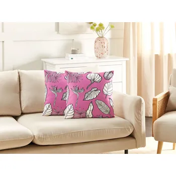 Povlečení 2 dekorativní růžové bavlněné polštáře 45 x 45 cm povlak na polštář s listovým vzorem Beliani