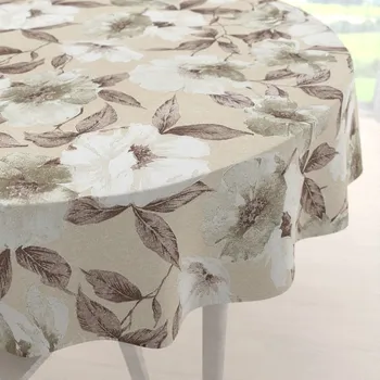 ubrus Dekorační kulatý ubrus Porto PRT-011 Hnědo-bílé květy na béžovém Ø 100 cm