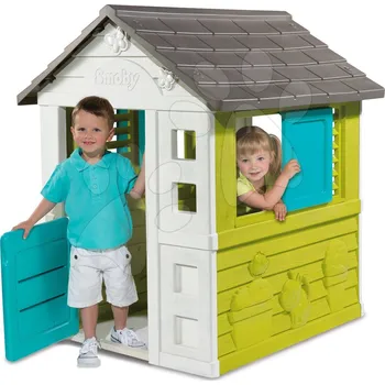 Dětský domeček Domeček Pretty Blue Smoby modro-zelený s UV filtrem s 3 okny 2 žaluzie a 2 posuvné okenice od 2 let
