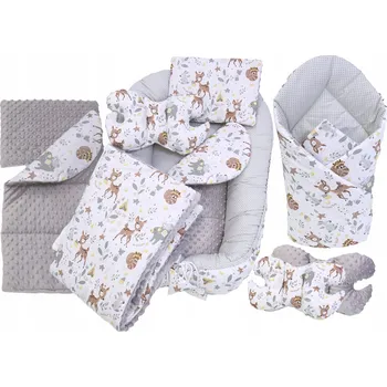 Povlečení MAXMAX Oboustranné hnízdečko (kokon) pro miminko - BABYMAM PREMIUM set 7v1 - Srneček a přátelé s šedou minky