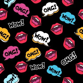 Softshell letní , vzor pusy OMG!, komix na černém podkladu, metráž, funkční materiál