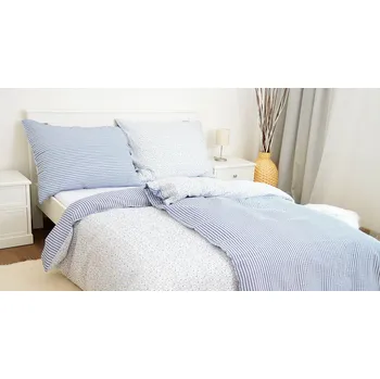 Povlečení Krepové povlečení KVÍTKY + PRUHY MODRÉ 70x90/140x200 - prodloužené povlečení 70x90/140x220