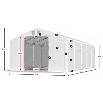 Zahradní stavba Skladový stan 4x10x3m střecha PVC 580g/m2 boky PVC 500g/m2 konstrukce POLÁRNÍ PLUS Bílá Bílá Bílá